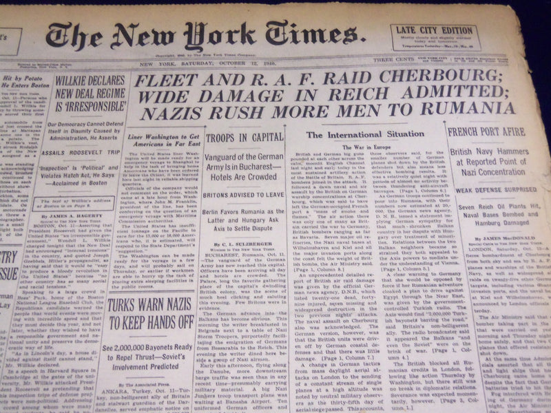 1940 OCTOBER 12 NEW YORK TIMES - FLEET & RAF RAID CHERBOURG - NT 2506