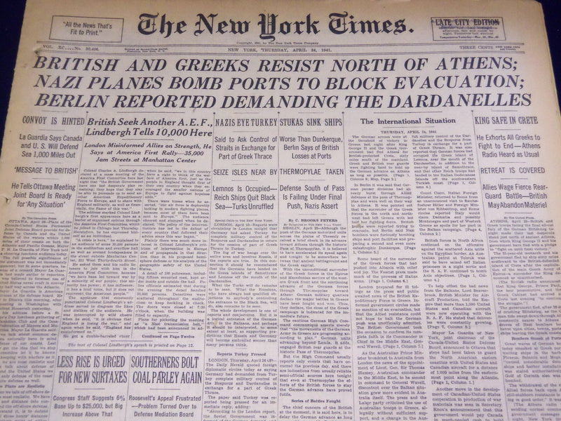 1941 APRIL 24 NEW YORK TIMES - BRITISH & GREEKS RESIST NORTH OF ATHENS - NT 1447