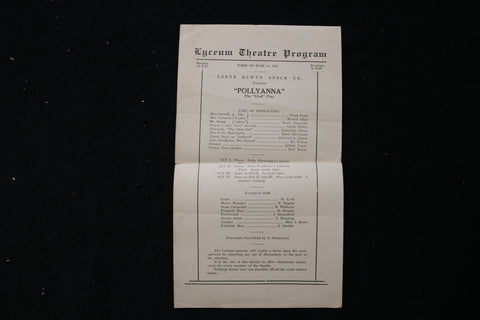 1921 JUNE 13 LYCEUM THEATRE PROGRAM - POLLYANNA - K 1829