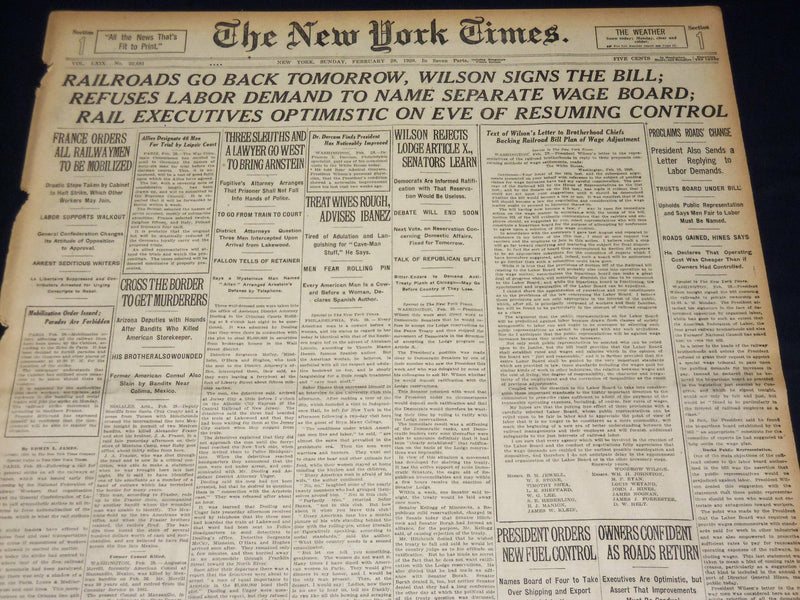 1920 FEB 29 NEW YORK TIMES - RAILROADS GO BACK TOMORROW WILSON SIGNS - NT 7873