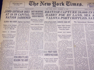 1940 DECEMBER 13 NEW YORK TIMES - LORD LOTHIAN DIES AT 58 IN CAPITAL - NT 2742