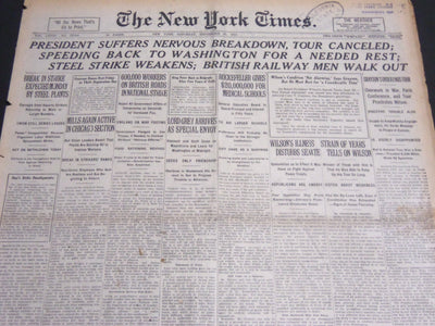 1919 SEPT 27 NEW YORK TIMES - PRESIDENT SUFFERS NERVOUS BREAKDOWN - NT 7034