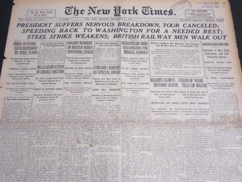 1919 SEPT 27 NEW YORK TIMES - PRESIDENT SUFFERS NERVOUS BREAKDOWN - NT 7034