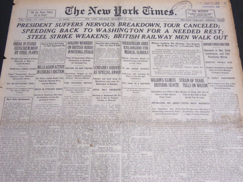 1919 SEPT 27 NEW YORK TIMES - PRESIDENT SUFFERS NERVOUS BREAKDOWN - NT 7034