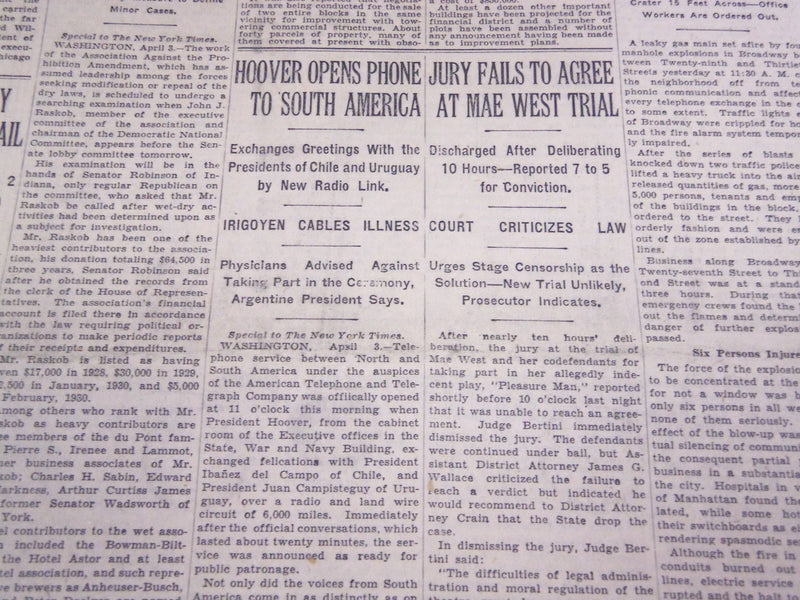 1930 APRIL 4 NEW YORK TIMES - JURY FAILS A MAE WEST TRIAL - NT 3918