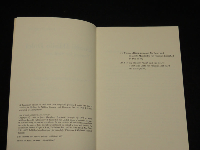 1972 THE WORLD AROUND DANILO DOLCI BOOK INSCRIBED BY JERRE MANGIONE - D 463