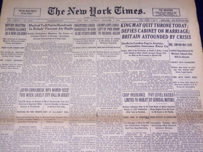 1936 DEC 3 NEW YORK TIMES - KING MAY QUIT THRONE TODAY - NT 2081