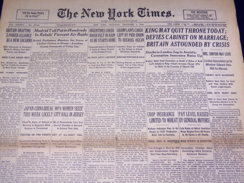 1936 DEC 3 NEW YORK TIMES - KING MAY QUIT THRONE TODAY - NT 2081