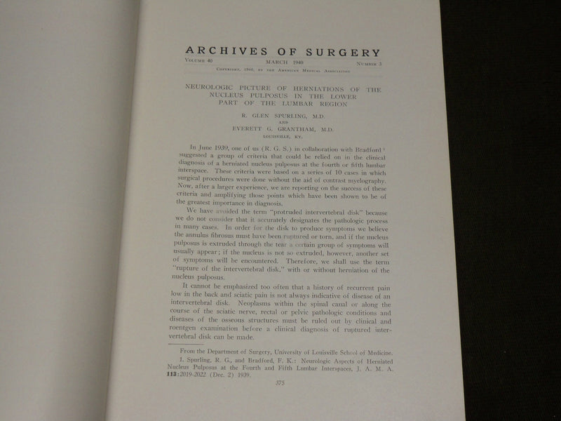 1940 MARCH ARCHIVES OF SURGERY SYMPOSIUM ON INTERVERTEBRAL DISKS - KD 6267