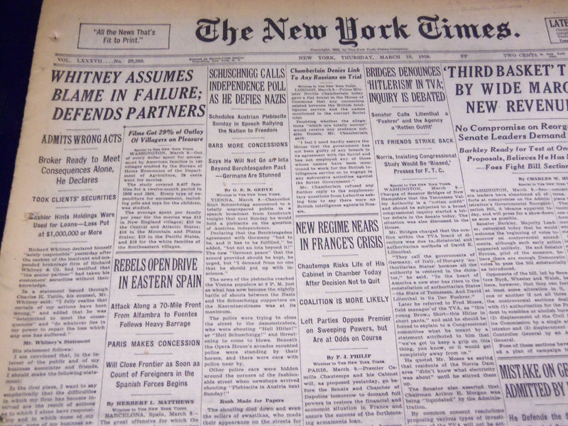 1938 MARCH 10 NEW YORK TIMES - WHITNEY ASSUMES BLAME IN FAILURE - NT 2856