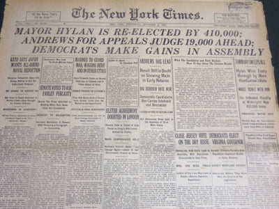 1921 NOVEMBER 9 NEW YORK TIMES - MAYOR HYLAN IS RE-ELECTED BY 410,000 - NT 6954