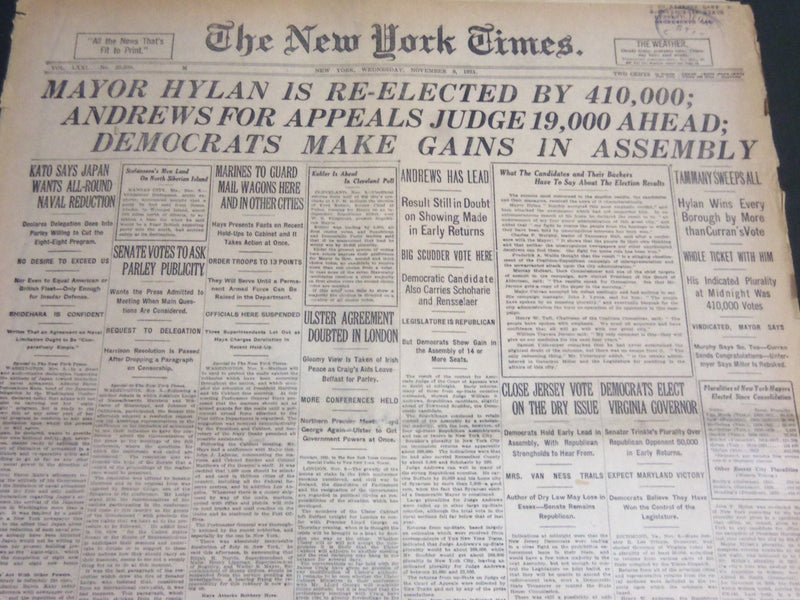 1921 NOVEMBER 9 NEW YORK TIMES - MAYOR HYLAN IS RE-ELECTED BY 410,000 - NT 6954