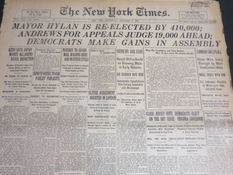 1921 NOVEMBER 9 NEW YORK TIMES - MAYOR HYLAN IS RE-ELECTED BY 410,000 - NT 6954