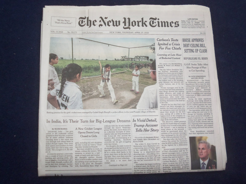 2023 APRIL 27 NEW YORK TIMES - CARLSON'S TEXTS IGNITED CRISIS FOR FOX CHIEFS