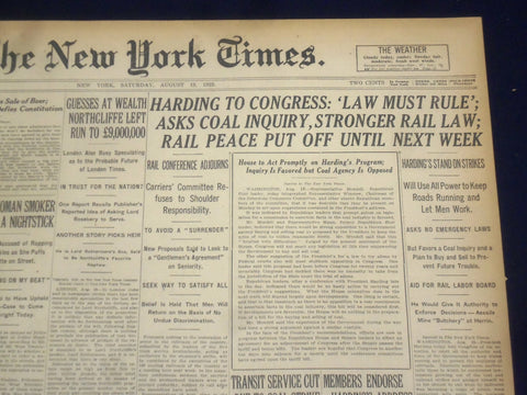 1922 AUGUST 19 NEW YORK TIMES - HARDING TO CONGRESS, LAW MUST RULE - NT 8377