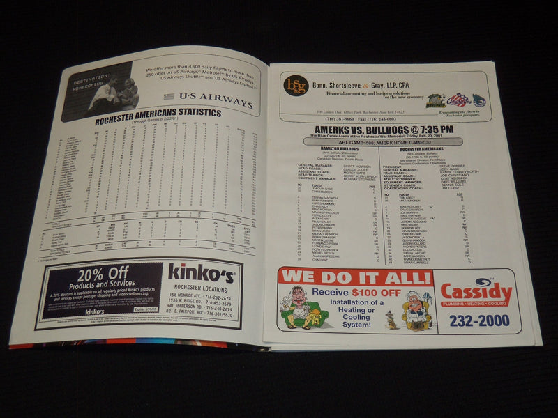 2001 FEBRUARY 23 ROCHESTER AMERICANS HOCKEY MAGAZINE VS HAMILTON BULLDOGS-F 254S