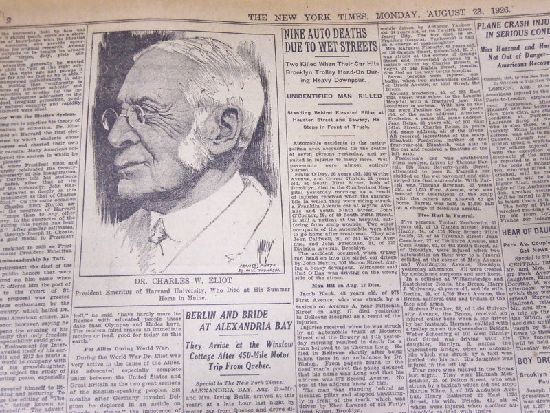1926 AUGUST 23 NEW YORK TIMES - DR. C. W. ELIOT DIES AT 92 - NT 5356
