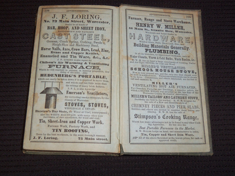 1854 WORCESTER ALMANAC DIRECTORY AND BUSINESS ADVERTISER - HENRY HOWLAND- J 9285