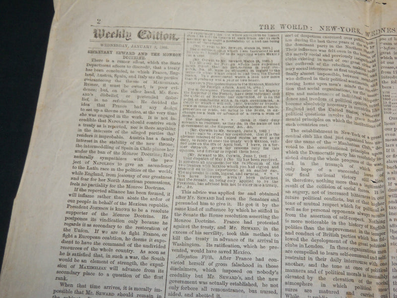 1866 JANUARY 3 THE NEW YORK WORLD - SEC. SEWARD - PHILADELPHIA FIRE - NP 5231