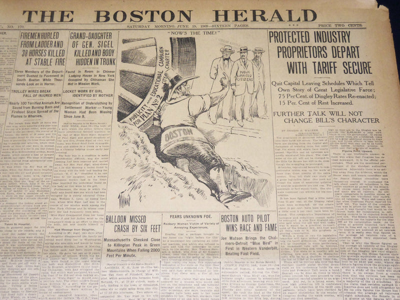 1909 JUNE 19 THE BOSTON HERALD NEWSPAPER- JOE MATSON WINS RACE AND FAME - BH 374