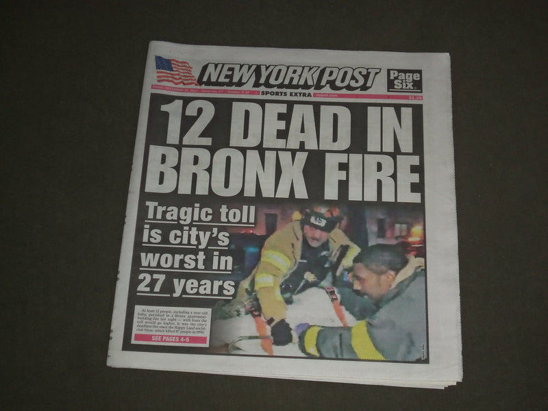 2017 DECEMBER 29 NEW YORK POST NEWSPAPER - 12 DEAD IN BRONX FIRE