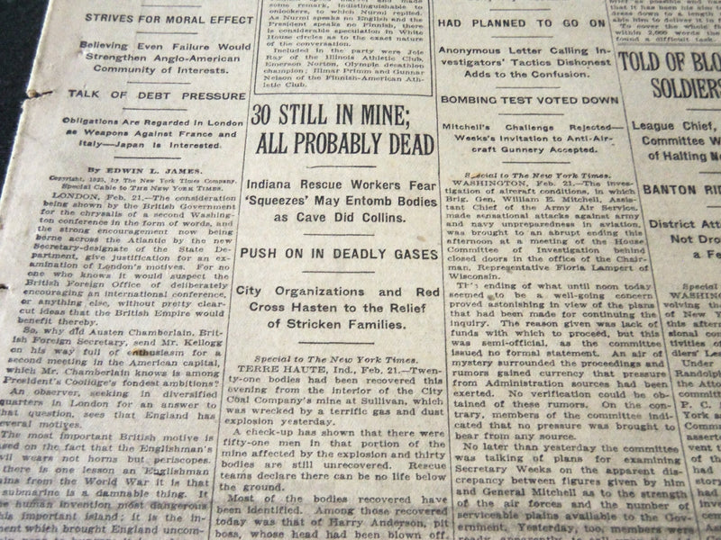 1925 FEBRUARY 22 NEW YORK TIMES - 30 STILL IN MINE PROBABLY DEAD - NT 5453