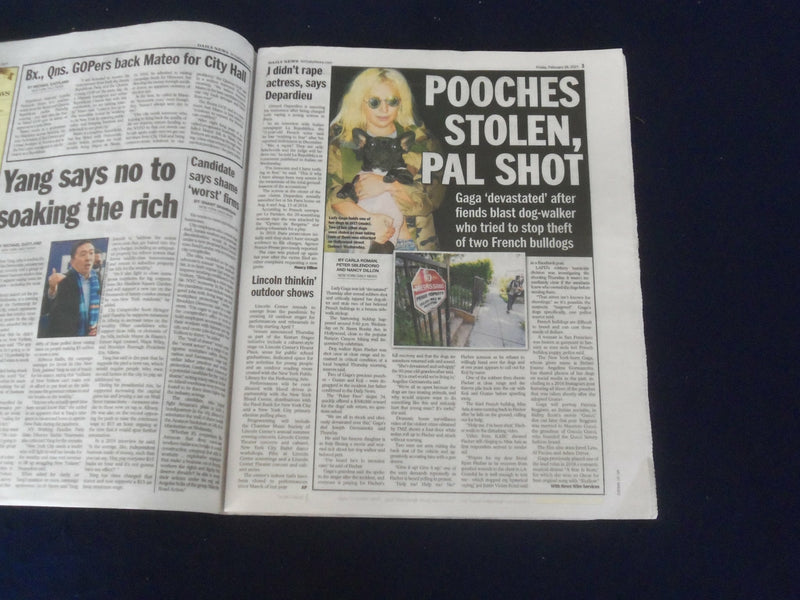 2021 FEBRUARY 26 NEW YORK DAILY NEWS NEWSPAPER - LADY GAGA'S DOG DOGNAPPED