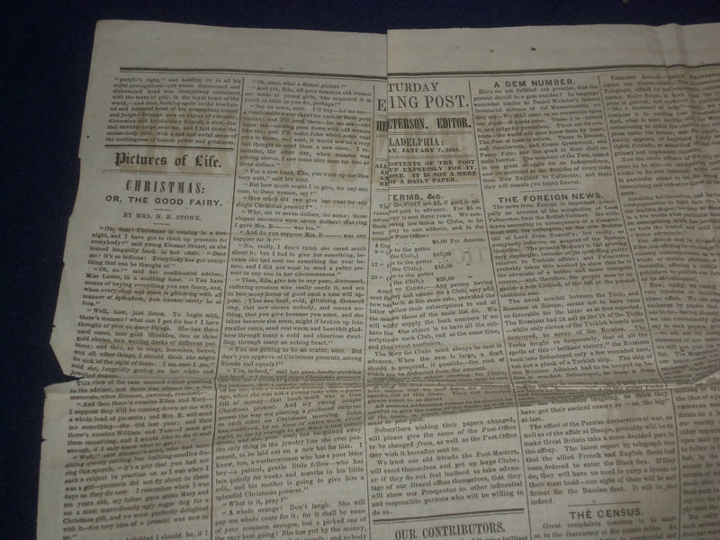 1854 JAN 7 THE SATURDAY EVENING POST NEWSPAPER -CHRISTMAS BY H.B. STOWE- NP 5060