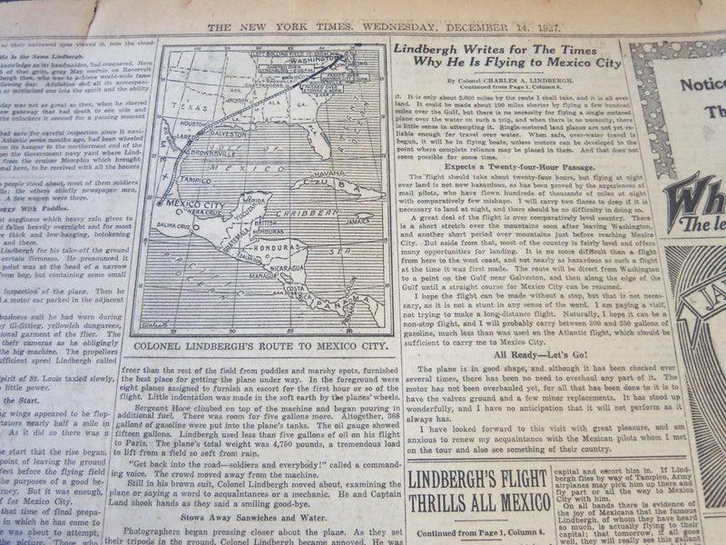 1927 DECEMBER 14 NEW YORK TIMES - LINDBERGH TO MEXICO WRITES FOR TIMES - NT 6291