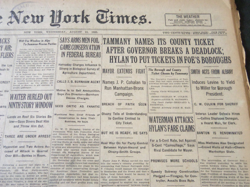 1925 AUGUST 12 NEW YORK TIMES - TAMMANY NAMES ITS COUNTY TICKET - NT 5430