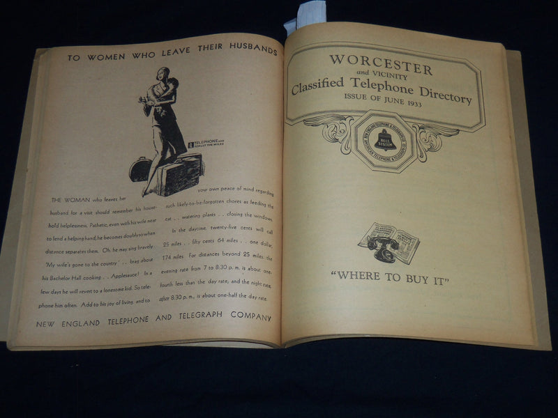 1933 JUNE WORCESTER DISTRICT TELEPHONE DIRECTORY BOOK - J 8804