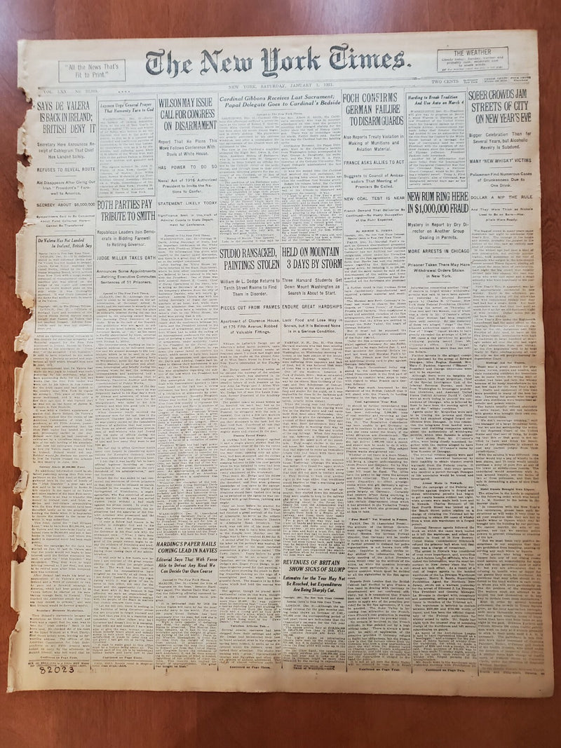 1921 JANUARY 1 NEW YORK TIMES NEWSPAPER-SOBER CROWDS JAM STREETS OF CITY-NT 8084