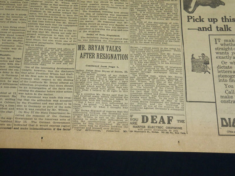 1915 JUNE 9 NEW YORK TIMES - BRYAN RESIGNS AS SACRETARY OF STATE - NT 7698