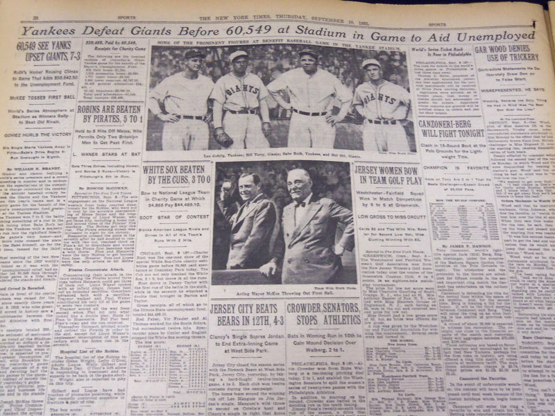 1931 SEPTEMBER 10 NEW YORK TIMES - YANKEES BEAT GIANTS IN BENEFIT - NT 4120