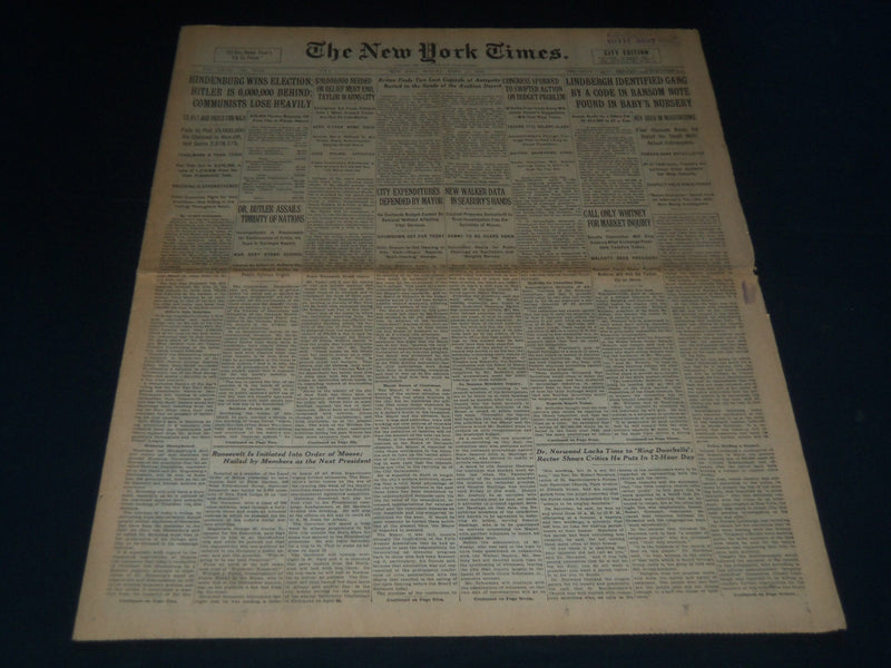 1932 APRIL 11 NEW YORK TIMES - HINDENBURG WINS ELECTION HITLER BEHIND - NT 7436