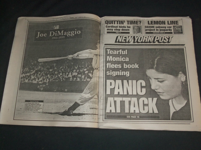 1999 MARCH 9 NEW YORK POST NEWSPAPER - JOE DIMAGGIO DIED 1914-1999 - NP 4134