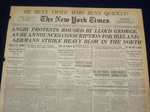 1918 APRIL 10 NEW YORK TIMES - ANGRY PROTESTS ROUSED BY LLOYD GEORGE - NT 8207