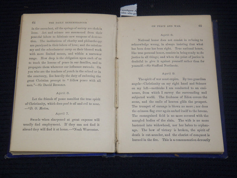 1875 THE DAILY REMEMBRANCER ON PEACE & WAR BOOK BY JOHN HEMMENWAY - KD 2100