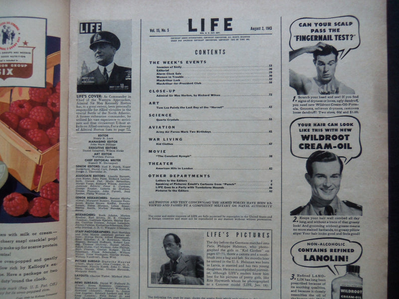 1943 AUGUST 2 LIFE MAGAZINE - BRITISH ADMIRAL SIR MAX KENNEDY - L 350