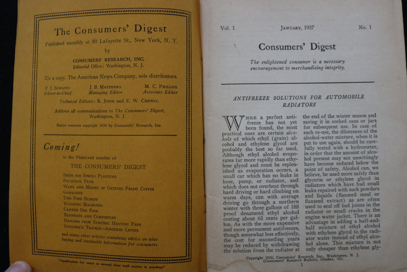 1937 JANUARY CONSUMERS' DIGEST MAGAZINE - VOLUME 1, NUMBER 1 - K 2377