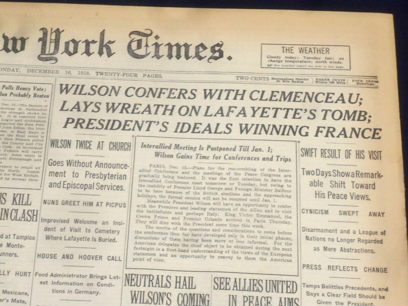 1918 DECEMBER 16 NEW YORK TIMES - WILSON CONFERS WITH CLEMENCEAU - NT 9185