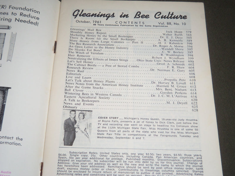 1961 OCTOBER GLEANINGS BEE CULTURE MAGAZINE - DICK CLARK COVER - J 2551