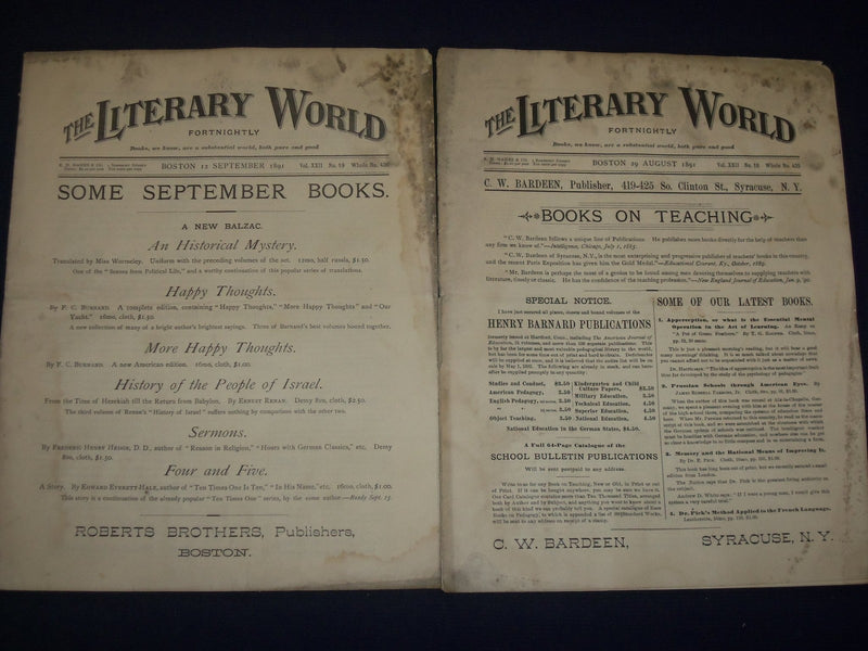 1891 THE LITERARY WORLD MAGAZINE LOT OF 6 ISSUES - NICE ARTICLES - O 2618