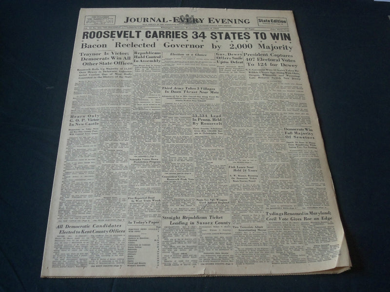 1944 NOVEMBER 8 WILMINGTON JOURNAL - ROOSEVELT CARRIES 34 STATES TO WIN- NT 7319