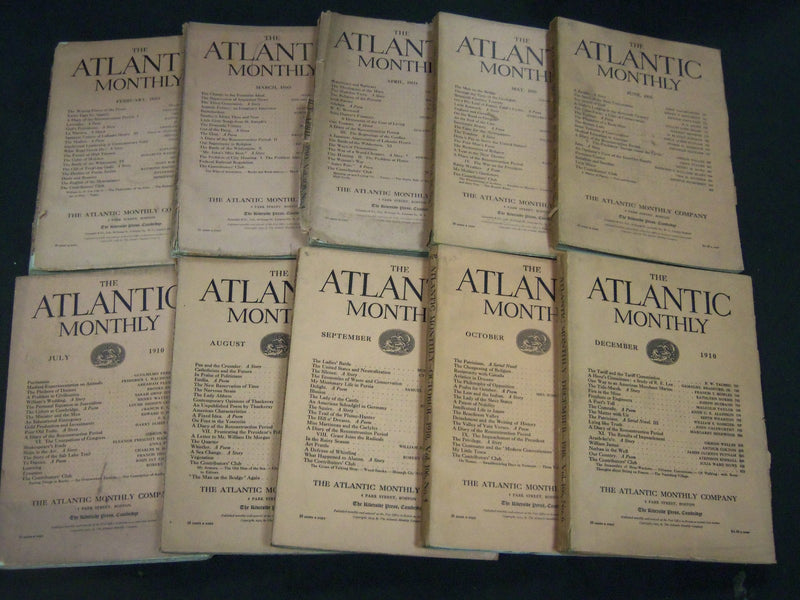 1910 THE ATLANTIC MONTHLY MAGAZINE LOT 10 ISSUES - STORIES & ARTICLES - WR 360A