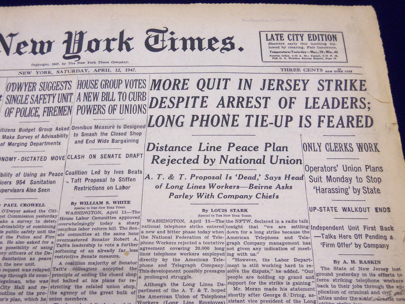 1947 APRIL 12 NEW YORK TIMES - MORE QUIT IN JERSEY STRIKE - NT 119