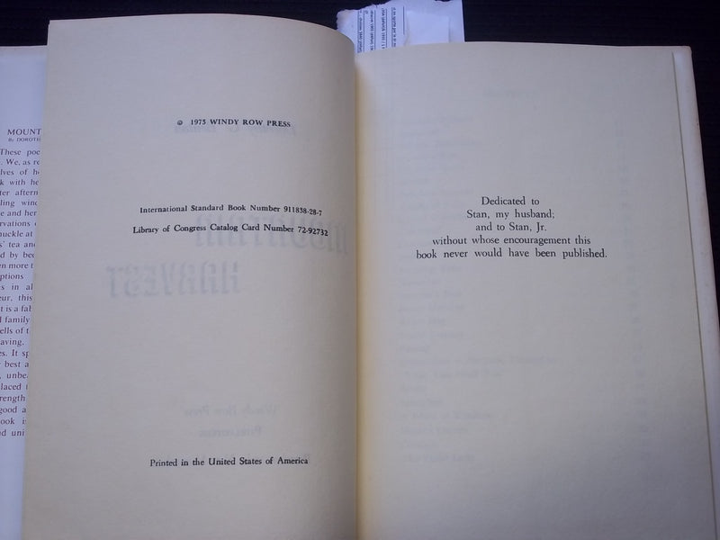 1973 MOUNTAIN HARVEST HARDCOVER BOOK SIGNED BY DOROTHY BENTON - KD 7557
