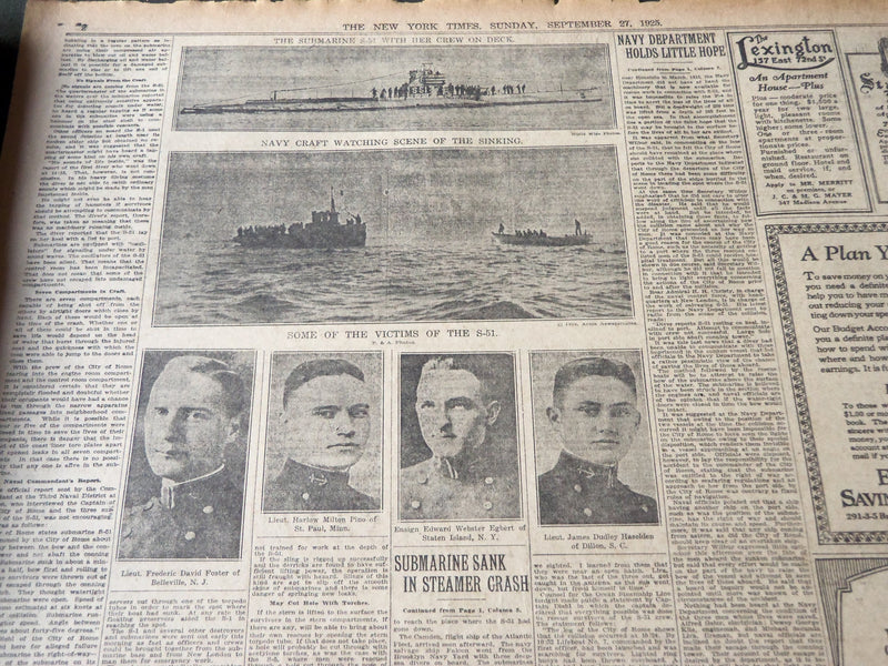 1925 SEPTEMBER 27 NEW YORK TIMES - DIVER FINDS TORN HULL OF SUNKEN S-51- NT 7200