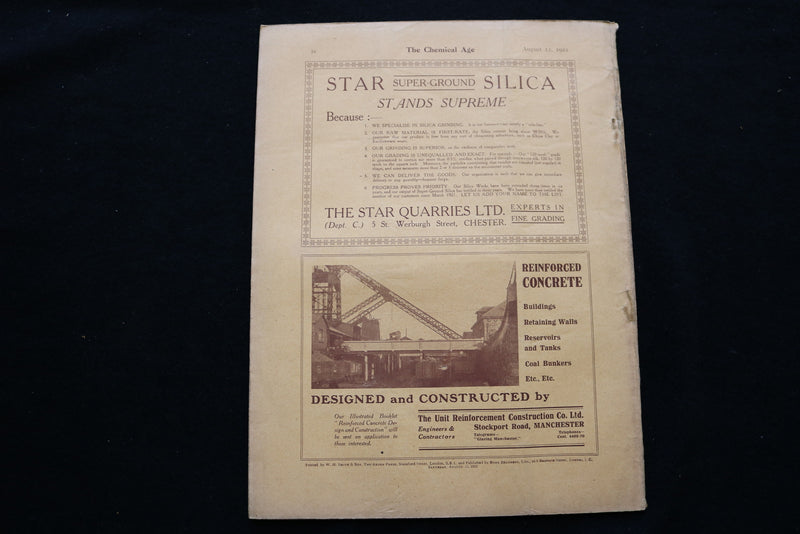 1922 AUGUST 12 THE CHEMICAL AGE MAGAZINE - R.W. GREEFF & CO. COVER - SP 4924G