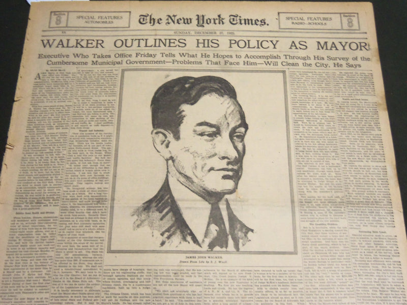 1925 DEC 27 NY TIMES SPECIAL SECTION -WALKER OUTILINES POLICY AS MAYOR - NT 7063